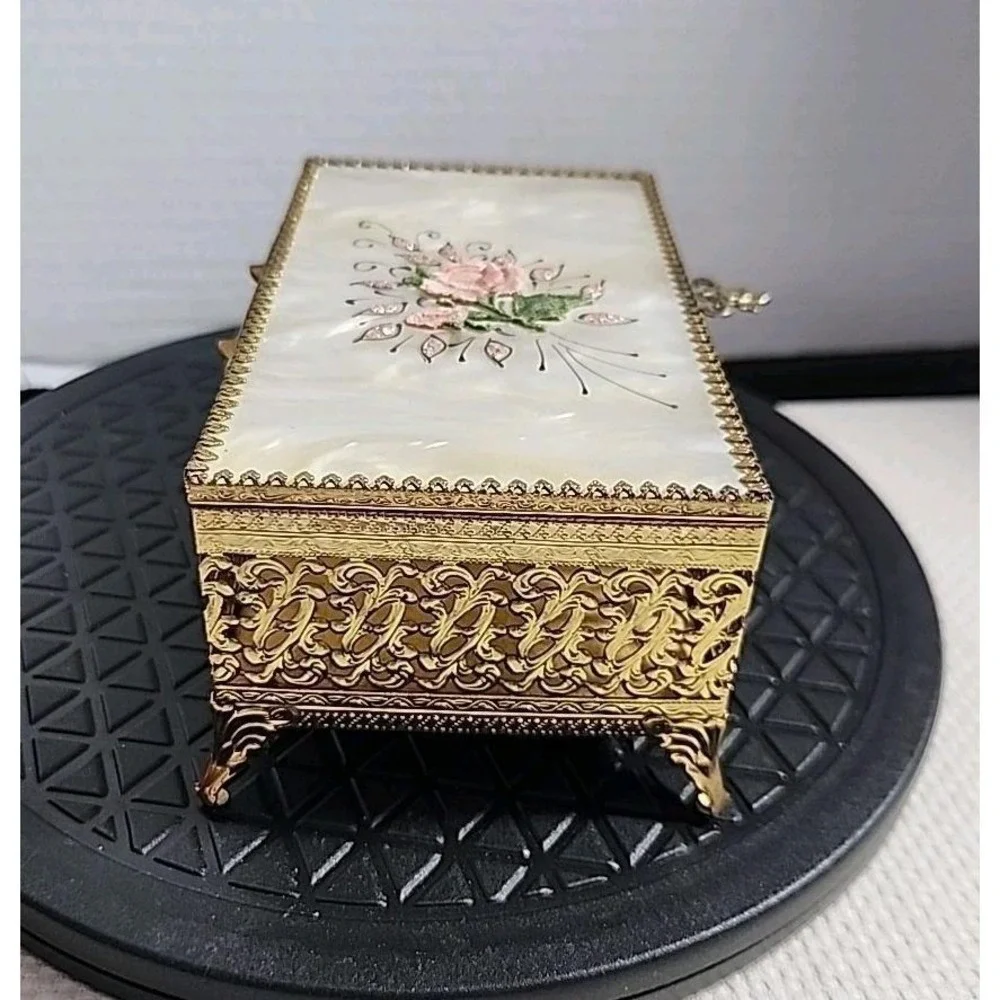 Vintage Art Nouveau Pearl Top Floral Jewelry Trinket Casket Box Filigree